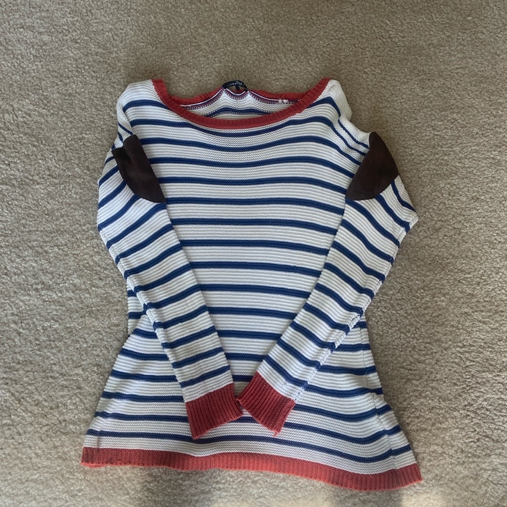 Large Lemon Tarte White, Blue and Coral stripped sweater with arm patches.